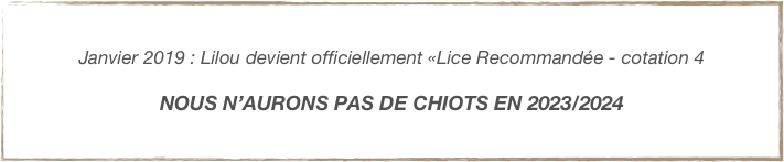 Janvier 2019 : Lilou devient officiellement «Lice Recommandée - cotation 4

NOUS N’AURONS PAS DE CHIOTS EN 2023/2024